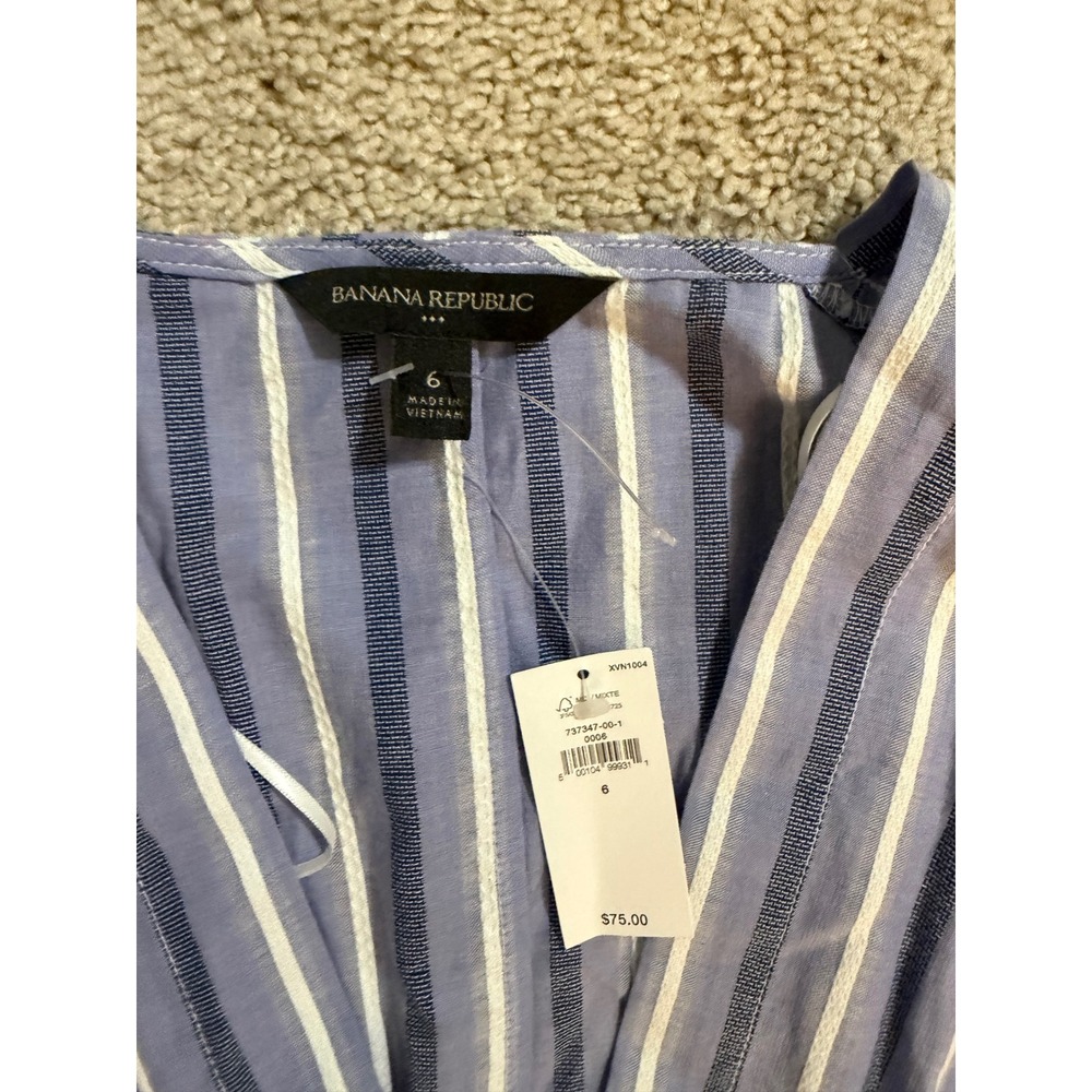 Banana‎ Republic Blue Striped V-Neck Cotton Top Side Zip Size 6 NWT